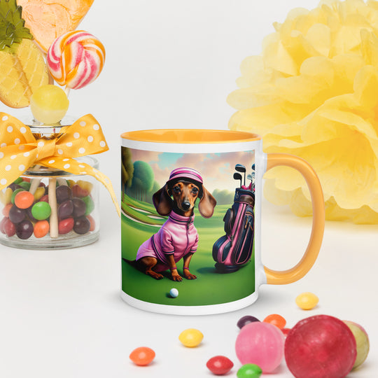 Dachshund Golfer- Mug with Color Inside v4