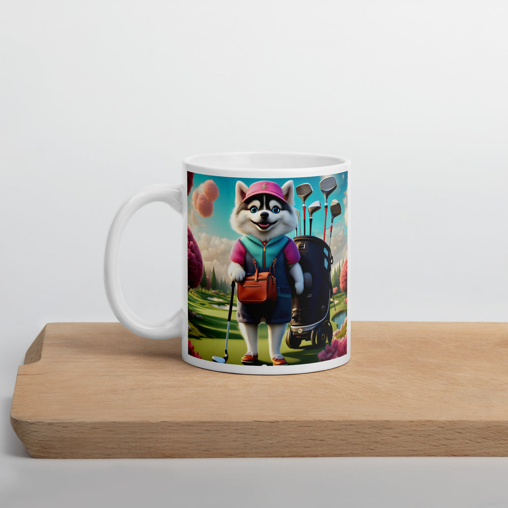 Pomsky Golfer- White glossy mug v13