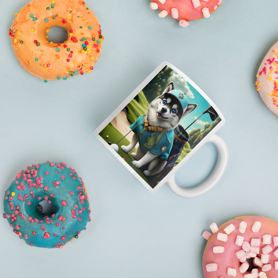 Pomsky Golfer- White glossy mug