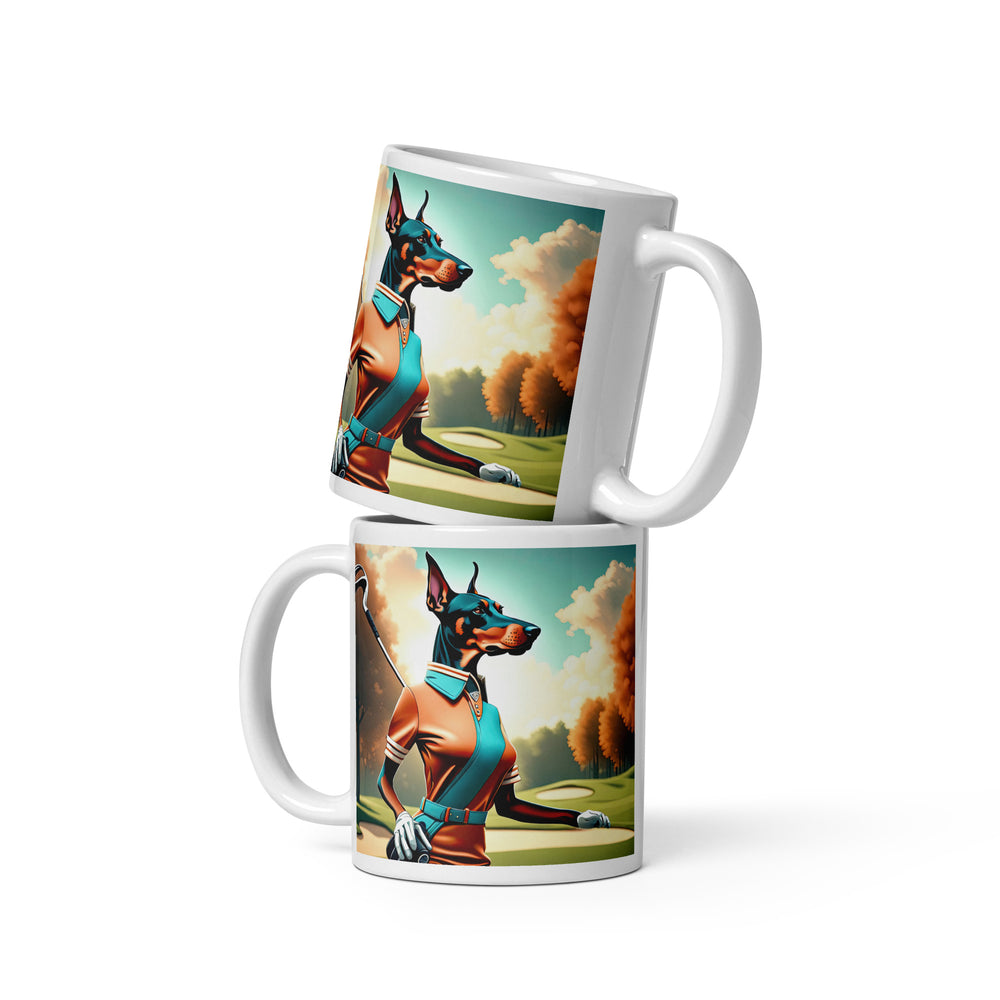 Doberman Pinscher Golfer- White glossy mug