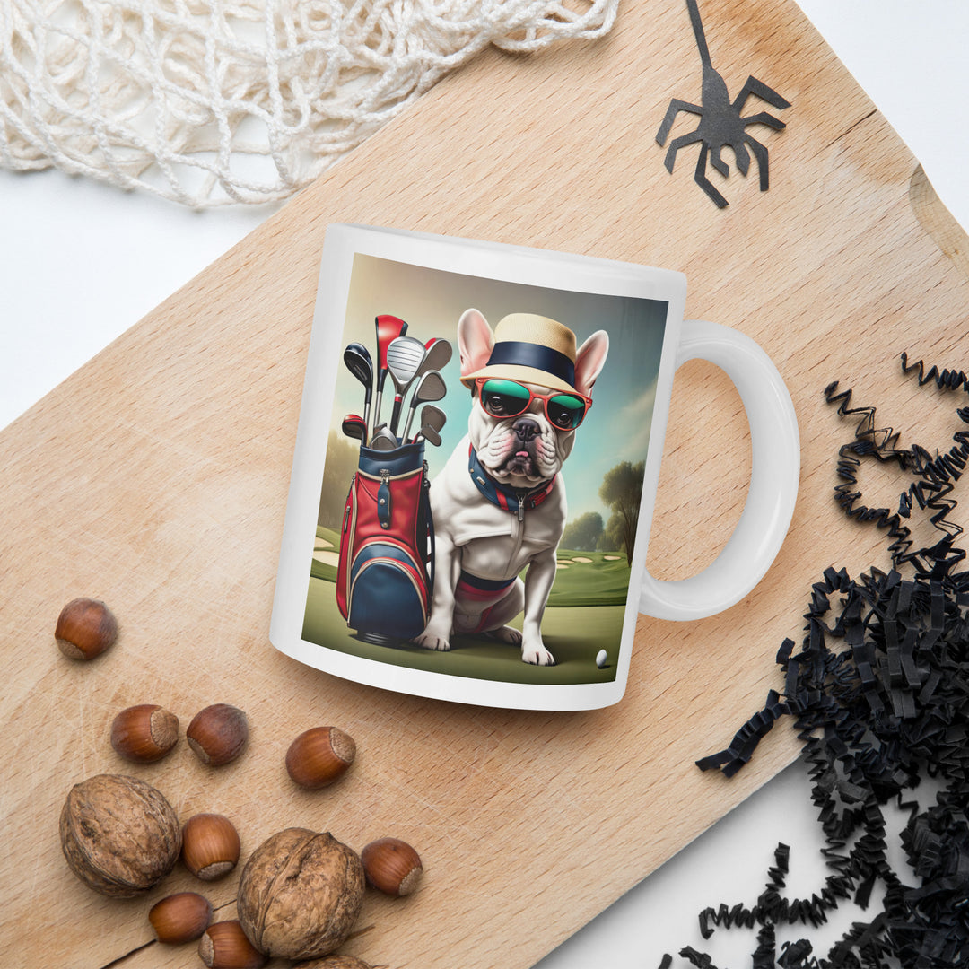 White glossy mug-French Bulldog Golfer V20