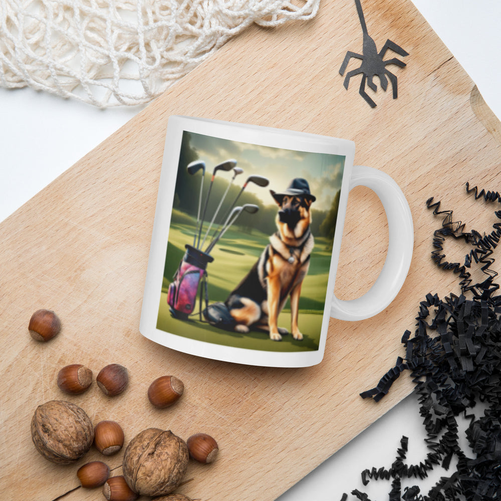 German Shepherd Golfer- White glossy mug