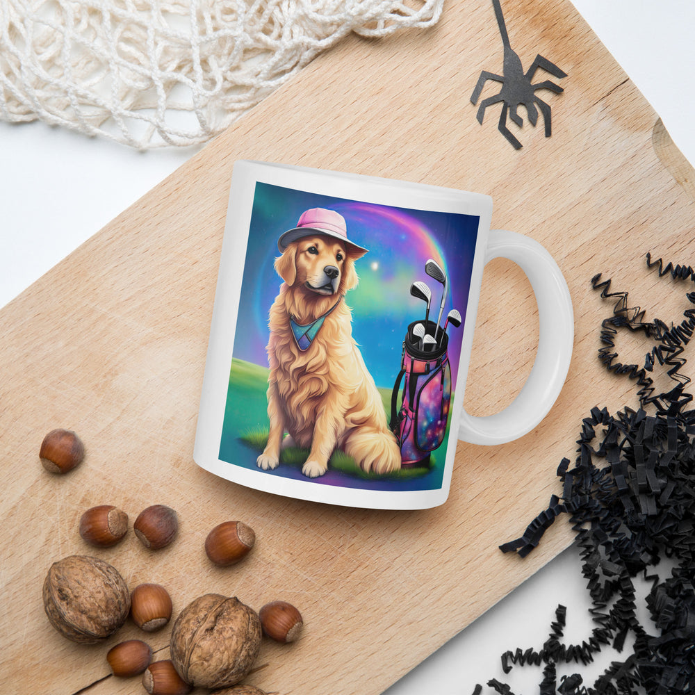 Golden Retriever Golfer- White glossy mug v8