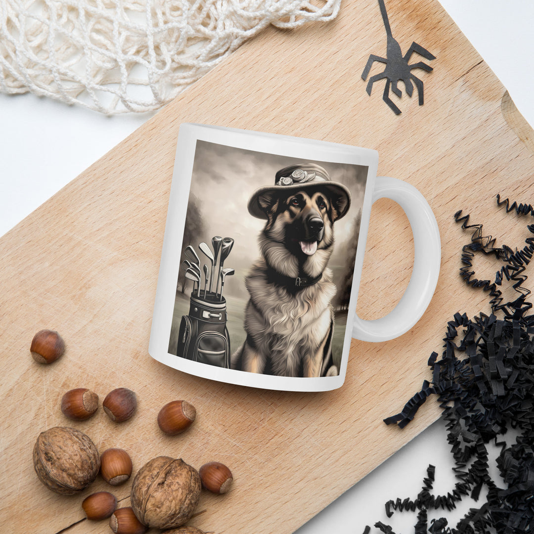 German Shepherd Golfer- White glossy mug V10