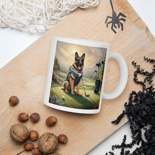 German Shepherd Golfer- White glossy mug V15