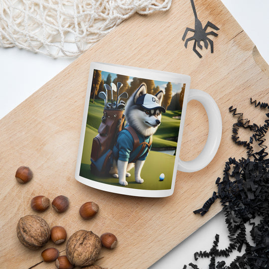 Pomsky Golfer- White glossy mug v10