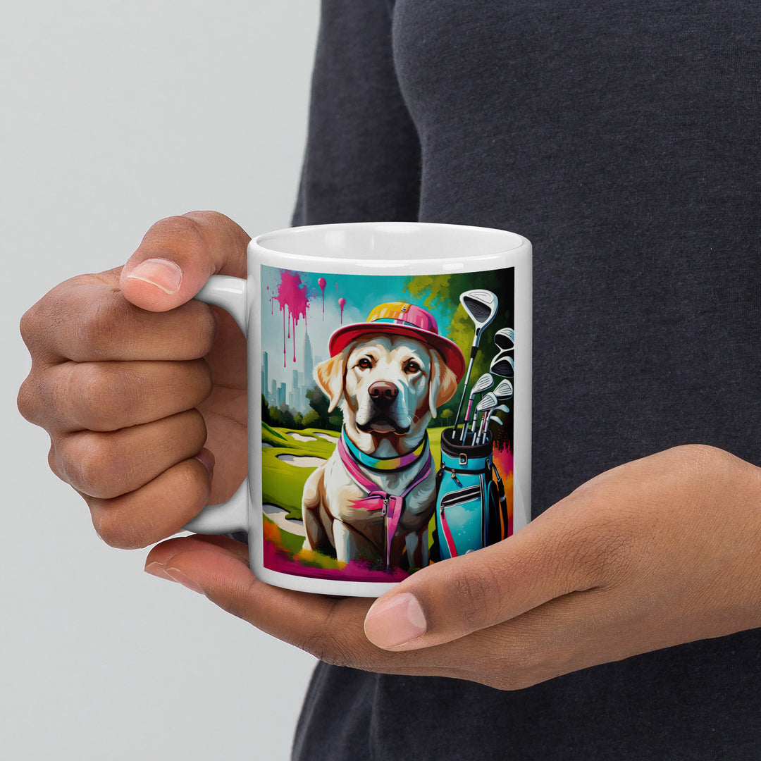 White glossy mug-Labrador Retriever Golfer V9