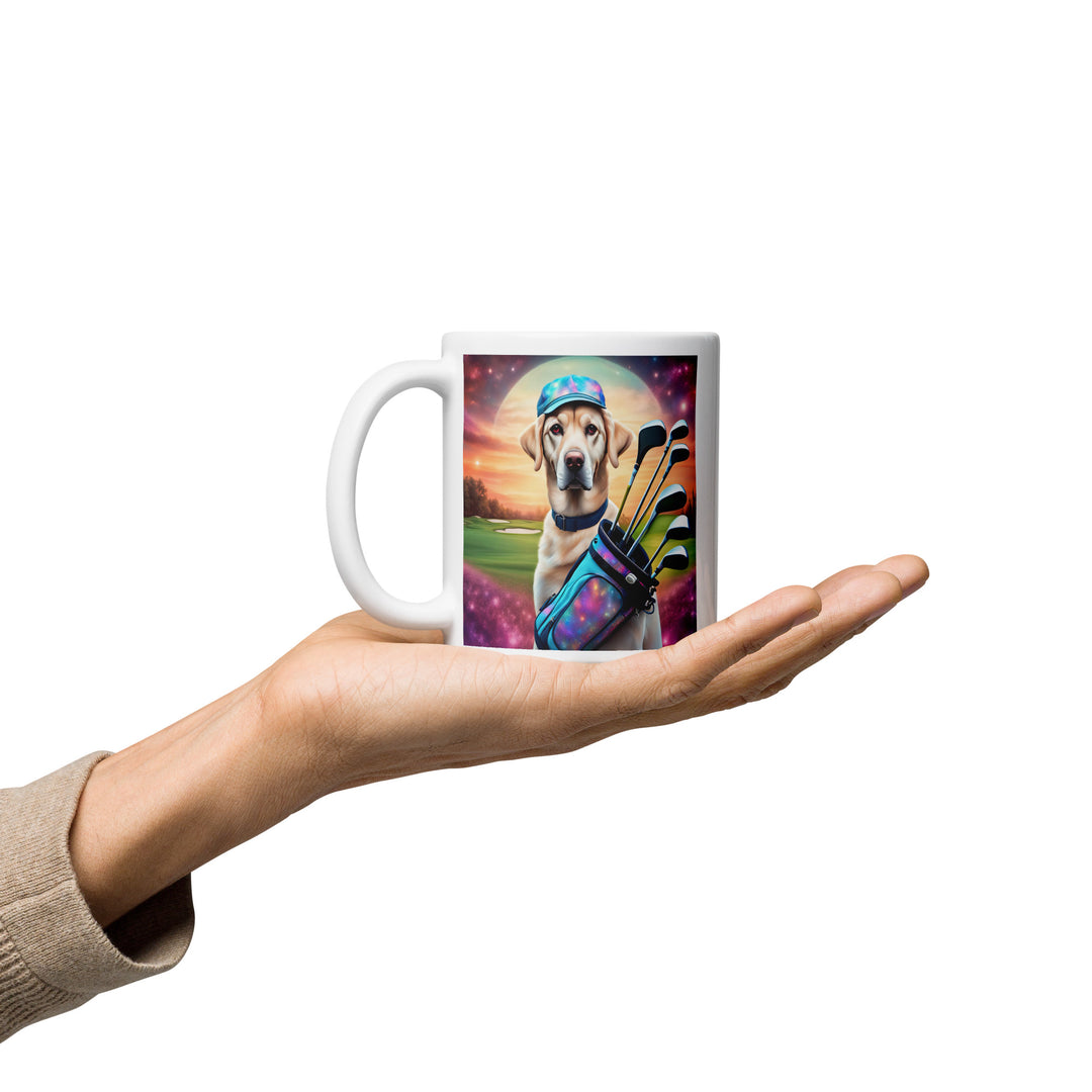 White glossy mug-Labrador Retriever Golfer V14