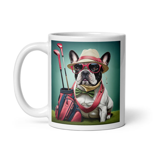 White glossy mug-French Bulldog Golfer V9