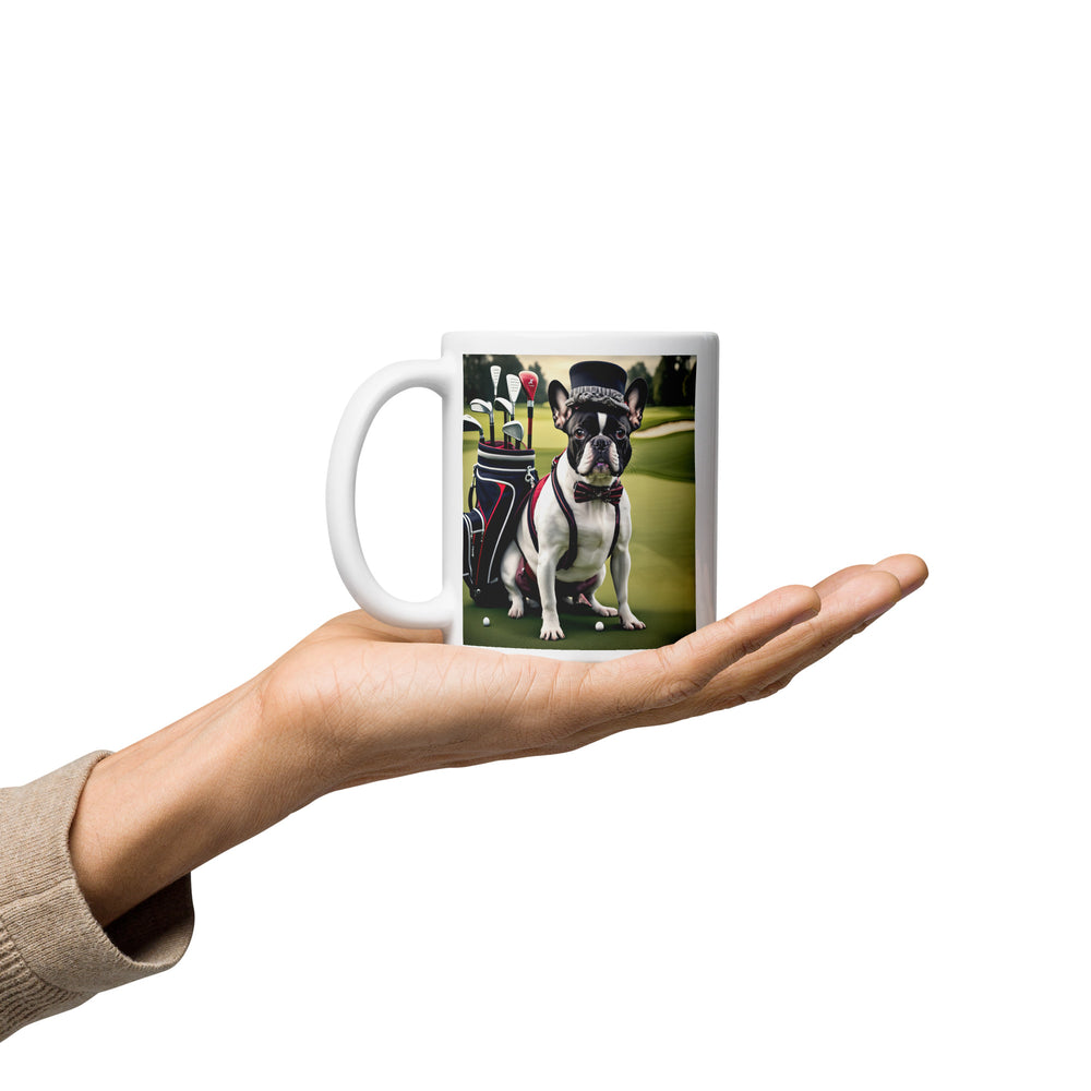 White glossy mug-French Bulldog Golfer V10