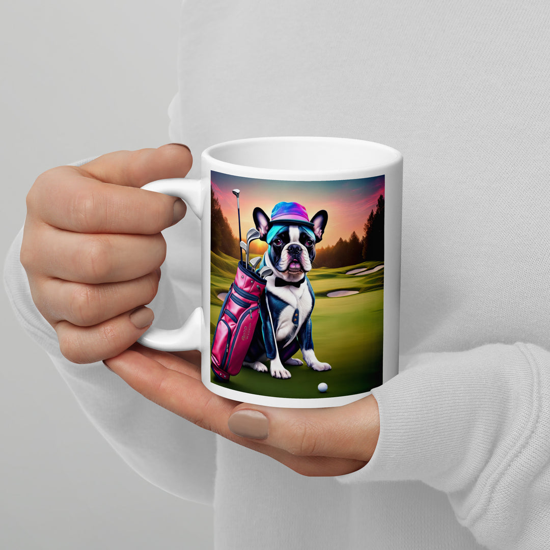 White glossy mug-French Bulldog Golfer V21