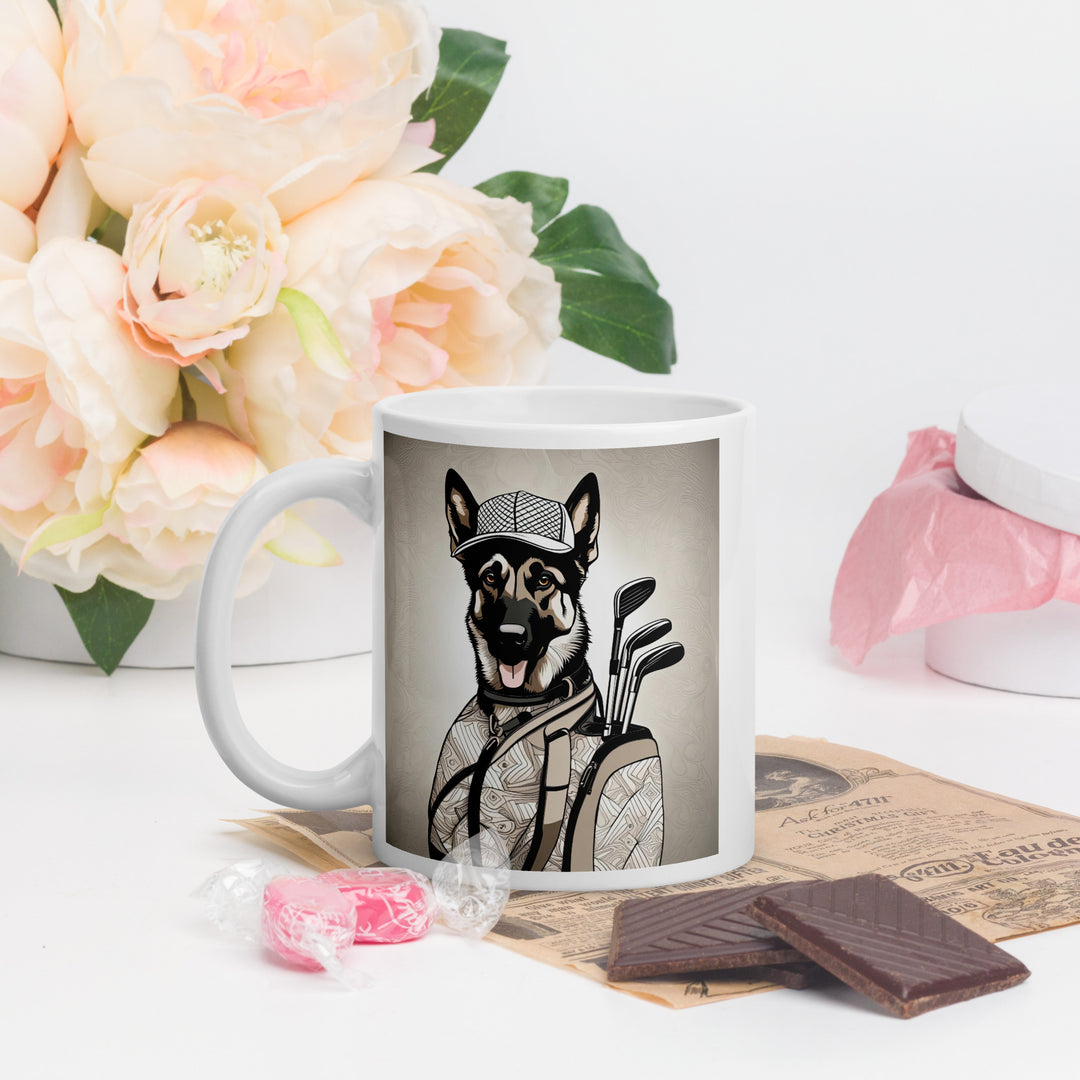 German Shepherd Golfer- White glossy mug V6