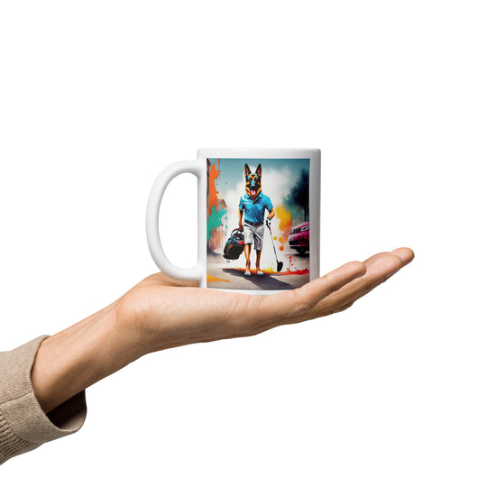 German Shepherd Golfer- White glossy mug V12