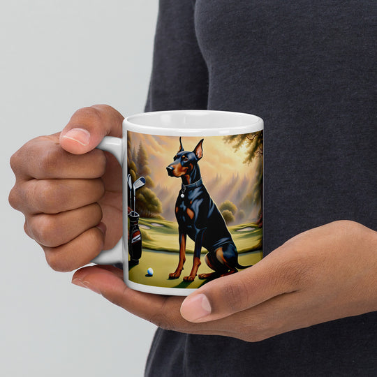 Doberman Pinscher Golfer- White glossy mug v3