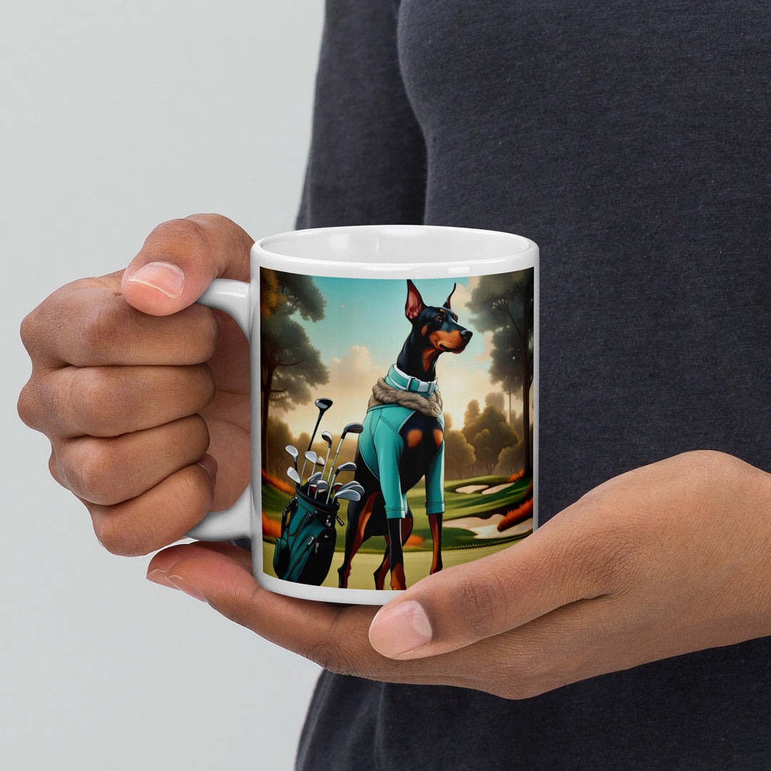 Doberman Pinscher Golfer- White glossy mug v4