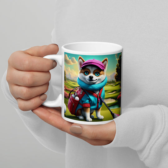 Pomsky Golfer- White glossy mug v2