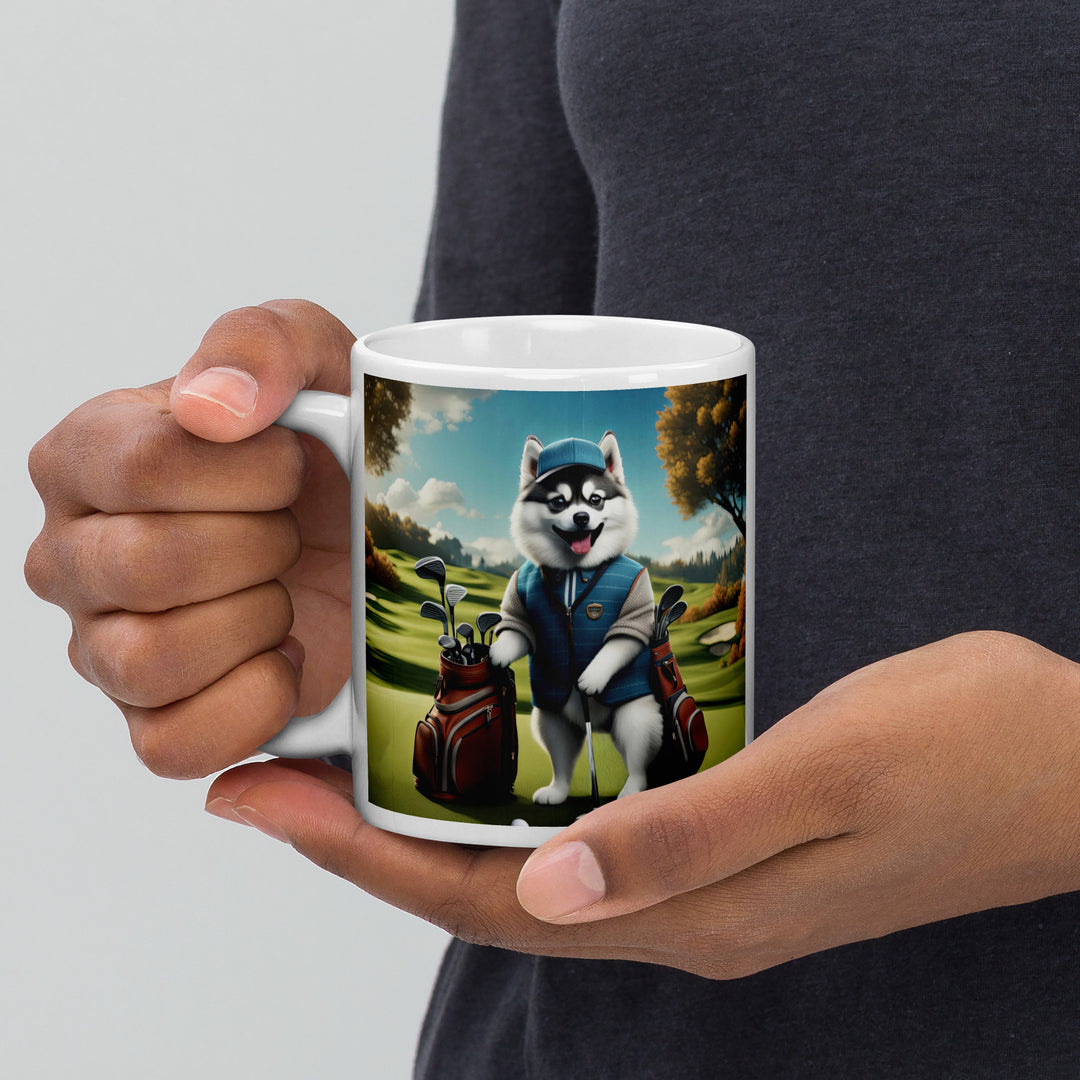 Pomsky Golfer- White glossy mug v9