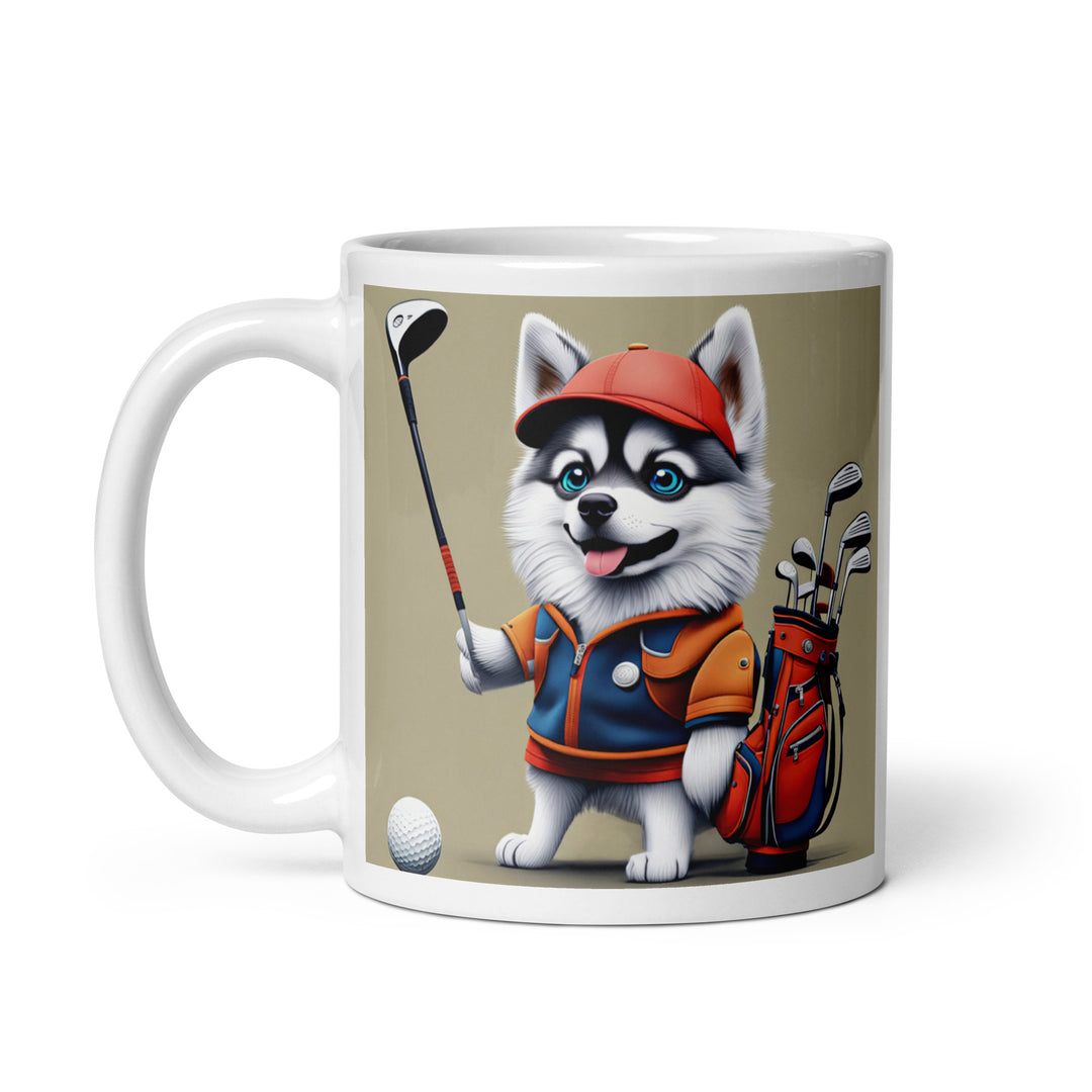 Pomsky Golfer- White glossy mug v14