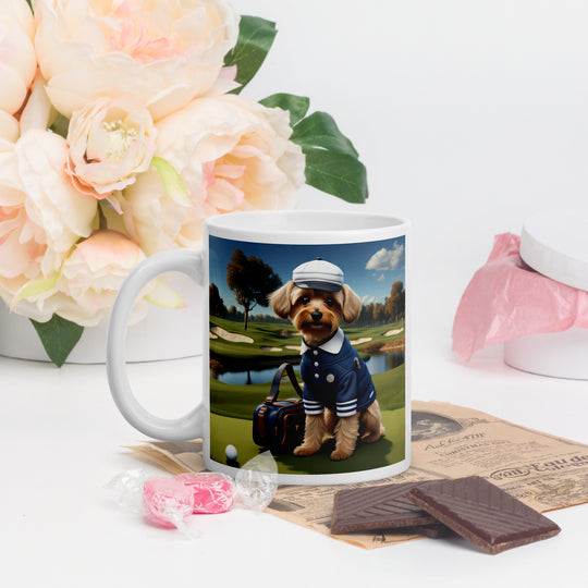 Yorkipoo Golfer- White glossy mug v6