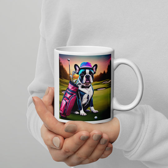 White glossy mug-French Bulldog Golfer V21