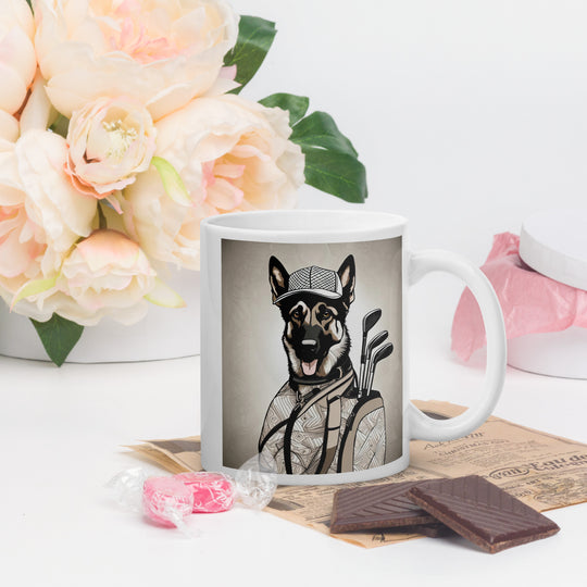 German Shepherd Golfer- White glossy mug V6