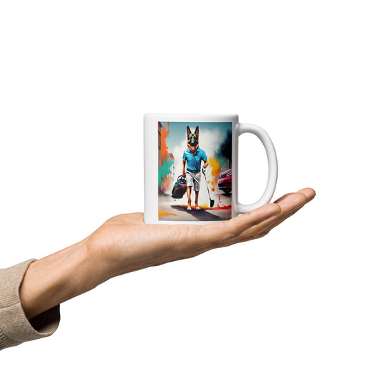 German Shepherd Golfer- White glossy mug V12