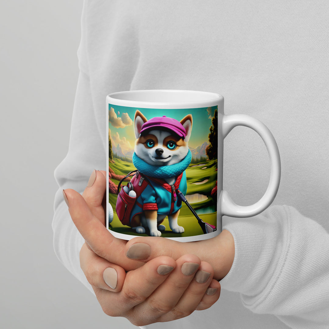 Pomsky Golfer- White glossy mug v2