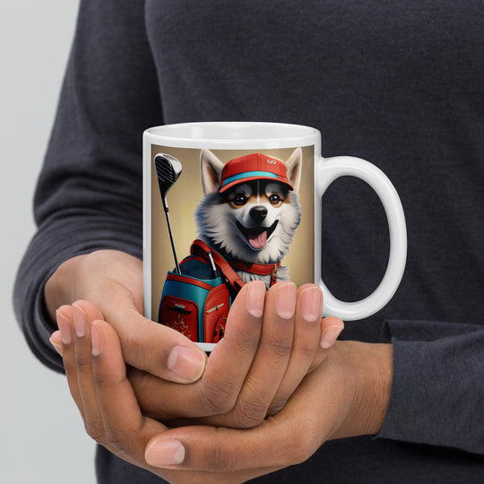 Pomsky Golfer- White glossy mug v8