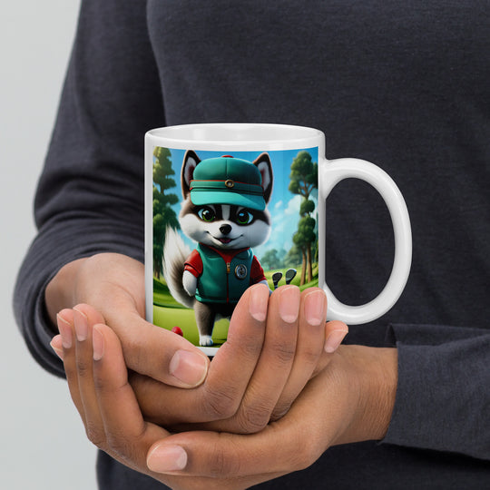 Pomsky Golfer- White glossy mug v11