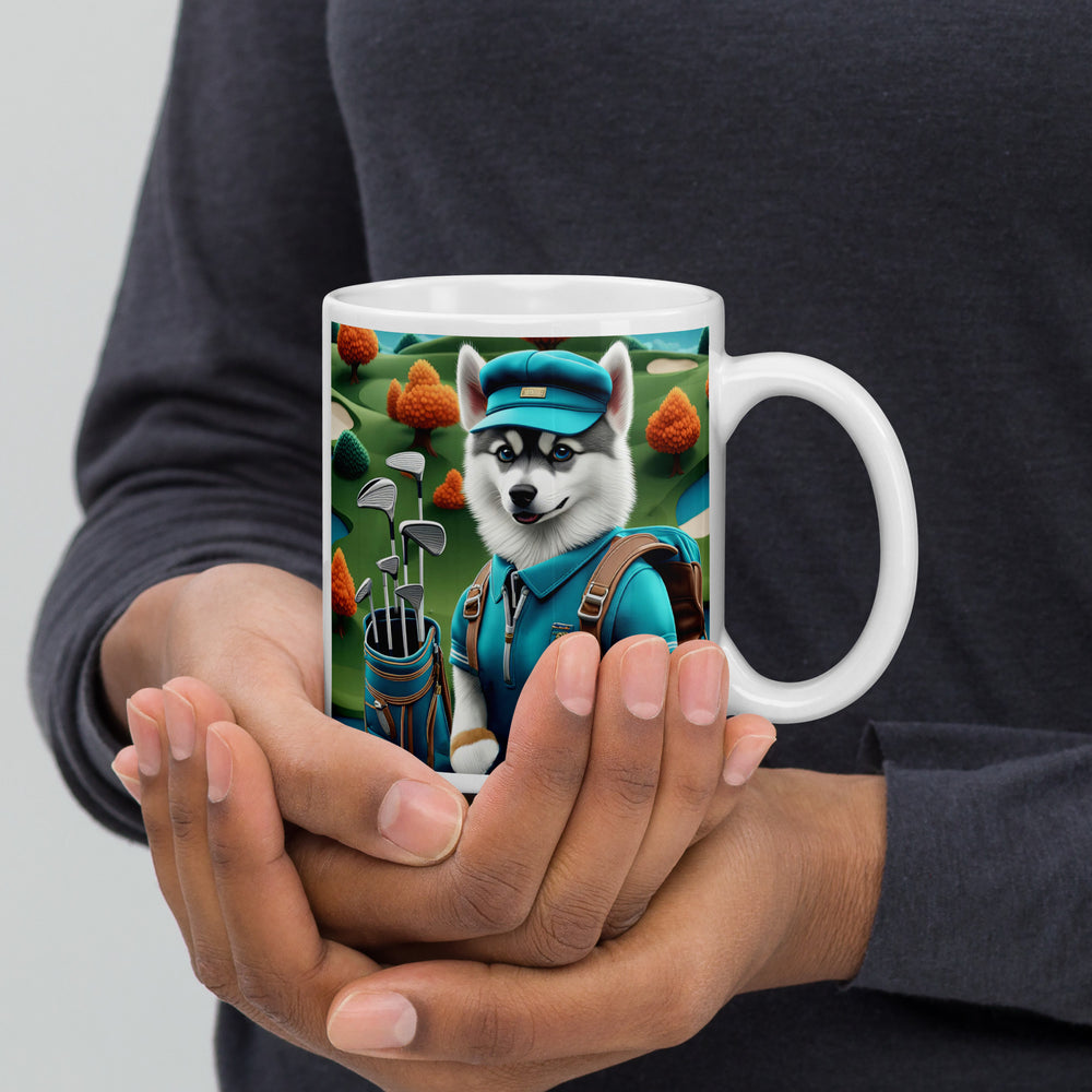 Pomsky Golfer- White glossy mug v15