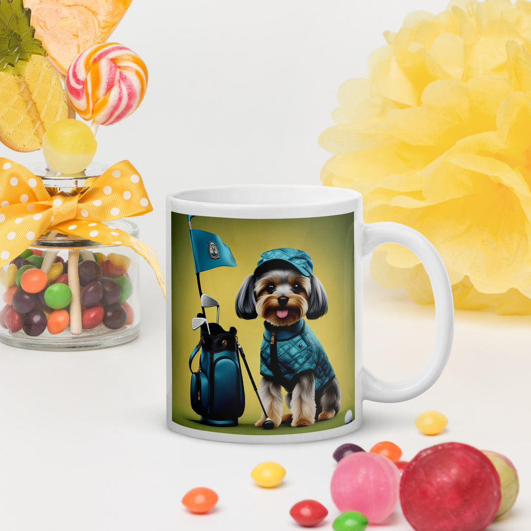 Yorkipoo Golfer- White glossy mug v7