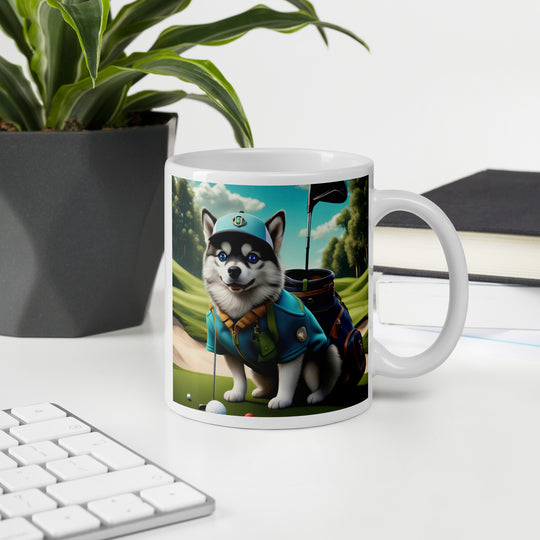 Pomsky Golfer- White glossy mug