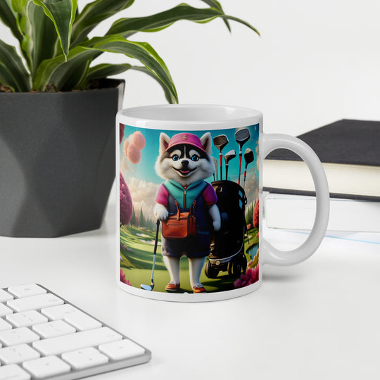 Pomsky Golfer- White glossy mug v13