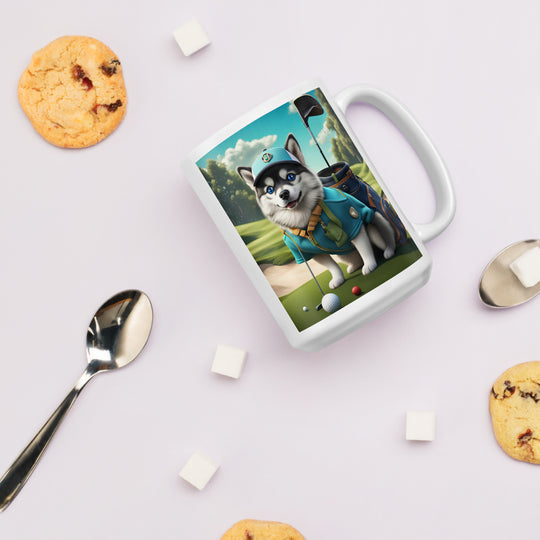 Pomsky Golfer- White glossy mug