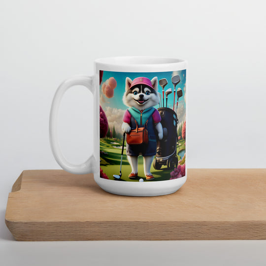 Pomsky Golfer- White glossy mug v13