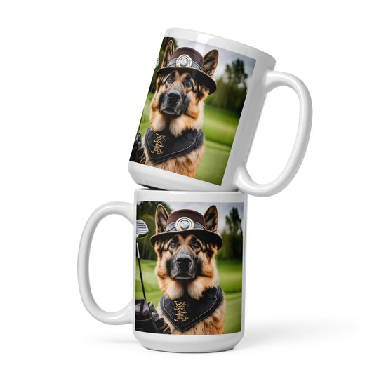 German Shepherd Golfer- White glossy mug V16