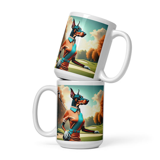 Doberman Pinscher Golfer- White glossy mug