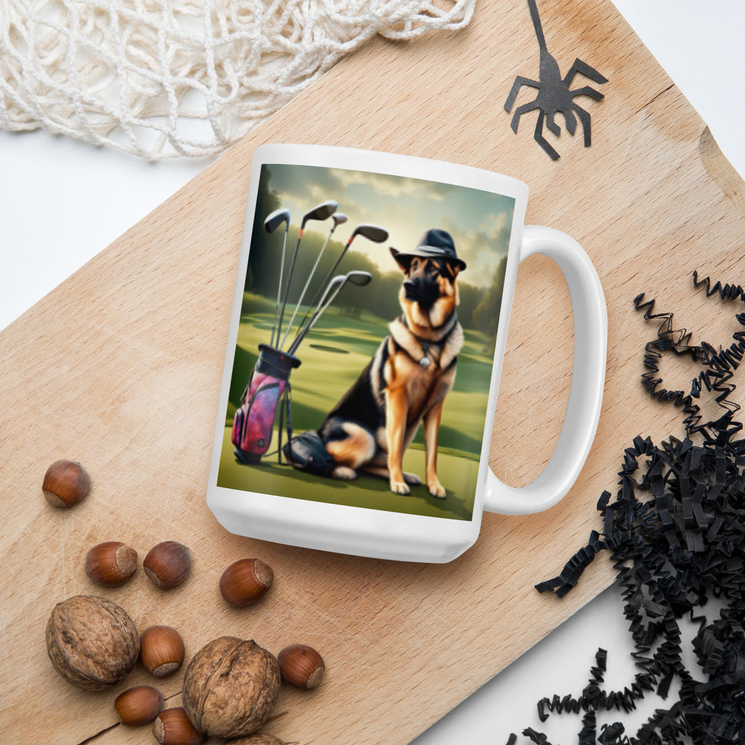 German Shepherd Golfer- White glossy mug