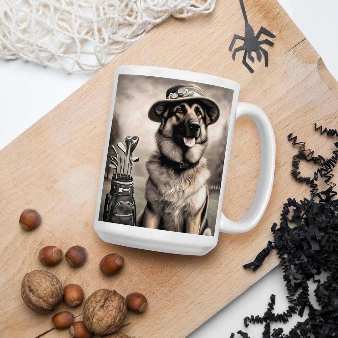 German Shepherd Golfer- White glossy mug V10