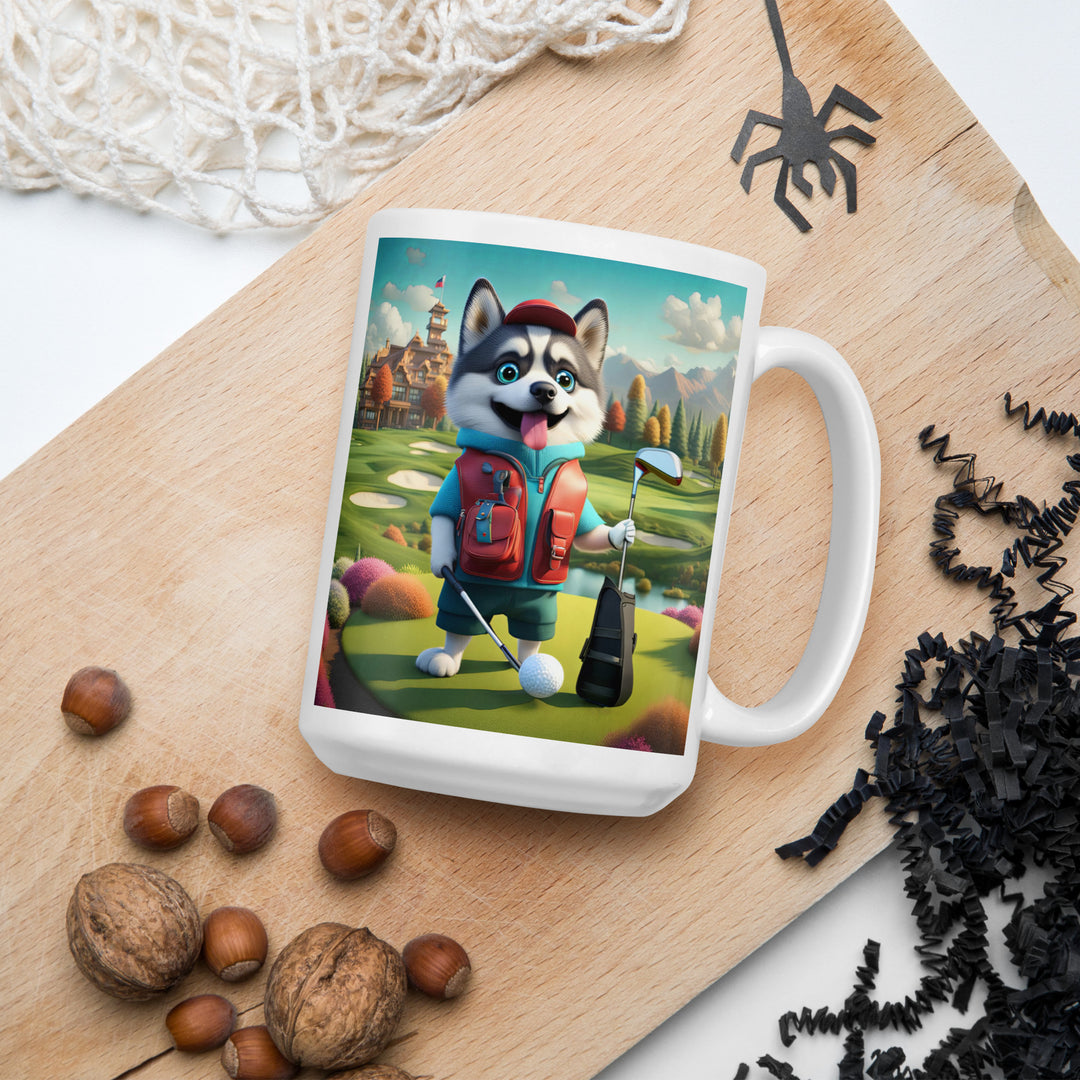 Pomsky Golfer- White glossy mug v6