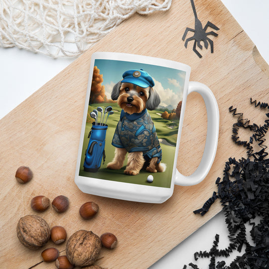 Yorkipoo Golfer- White glossy mug v10