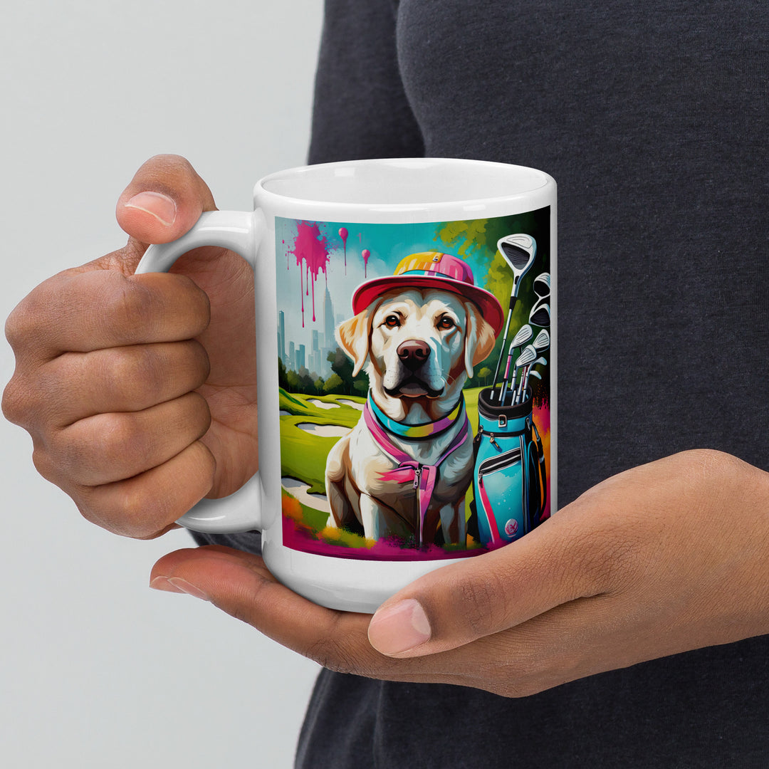 White glossy mug-Labrador Retriever Golfer V9