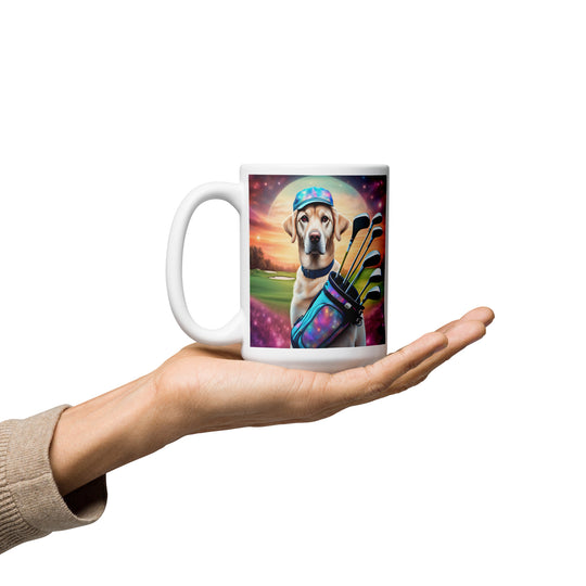 White glossy mug-Labrador Retriever Golfer V14