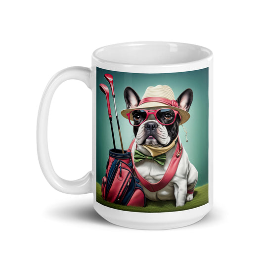 White glossy mug-French Bulldog Golfer V9