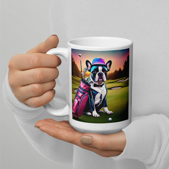 White glossy mug-French Bulldog Golfer V21