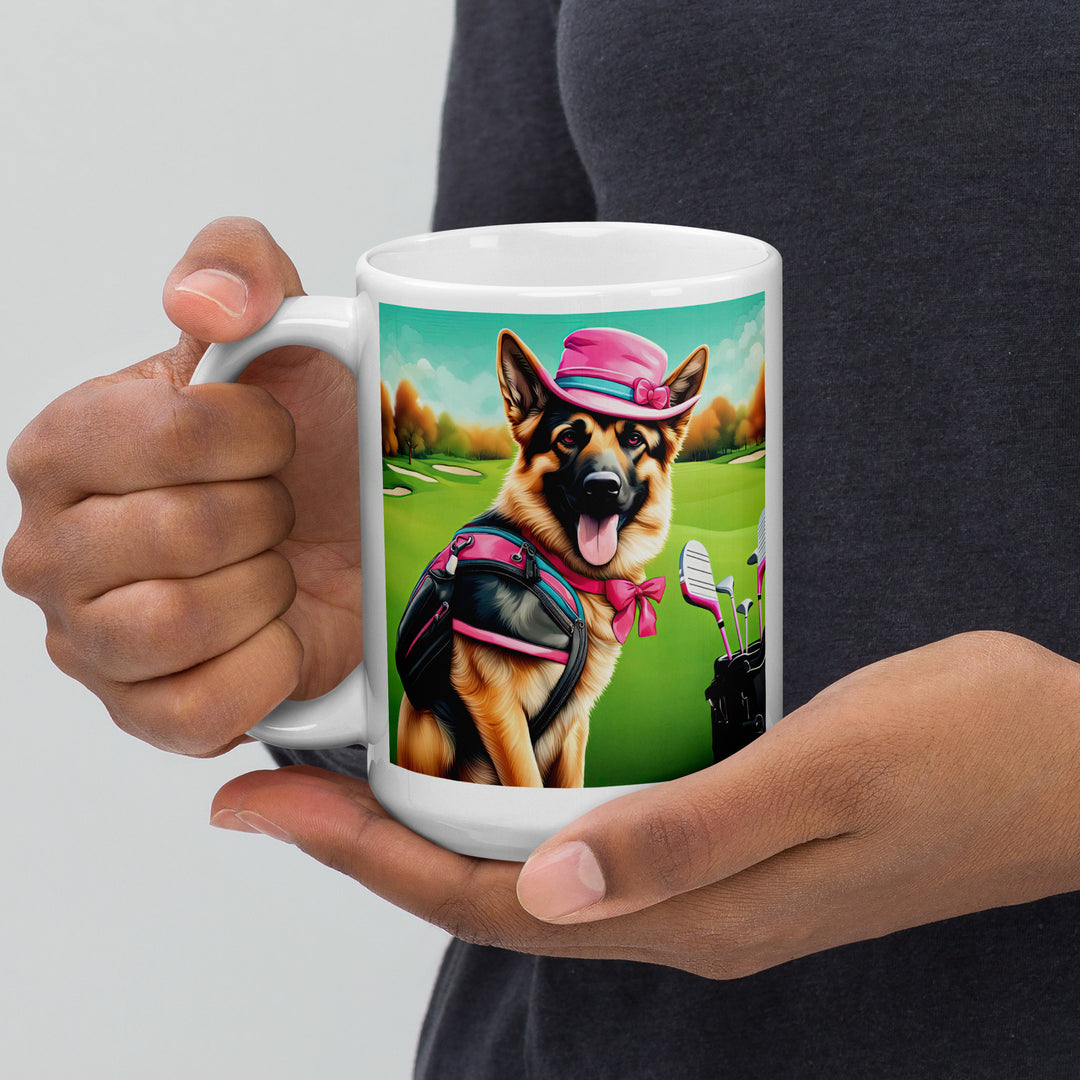 German Shepherd Golfer- White glossy mug V9