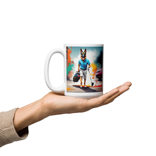 German Shepherd Golfer- White glossy mug V12