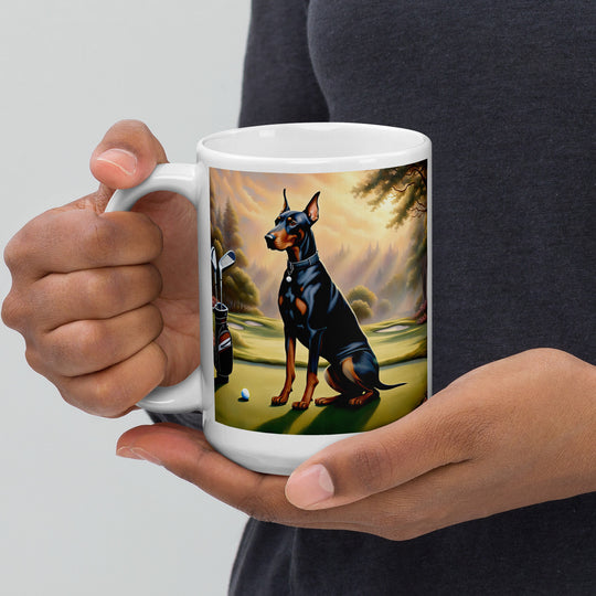 Doberman Pinscher Golfer- White glossy mug v3