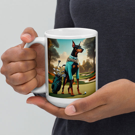 Doberman Pinscher Golfer- White glossy mug v4