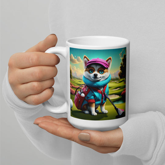 Pomsky Golfer- White glossy mug v2